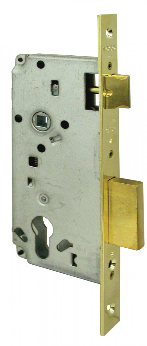 Замок врезной цилиндровый, 2 оборота, 1 плоский ригель, защелка